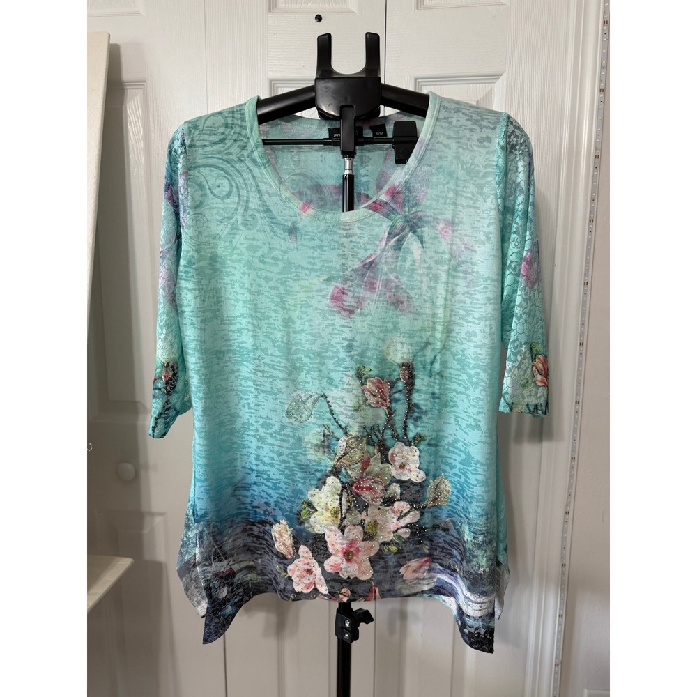 Zuriel Womens Turquoise Floral Lace Burnout Tunic Top Rhinestone Sharkbite S/M
